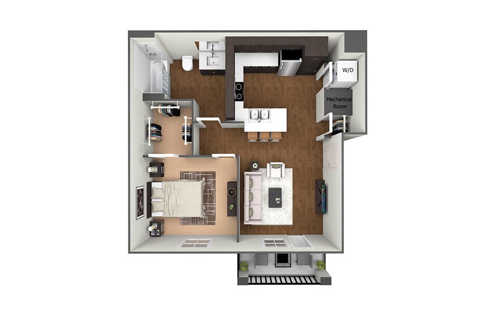 The Sycamore - 1 bedroom floorplan layout with 1 bath and 689 square feet. (3D)
