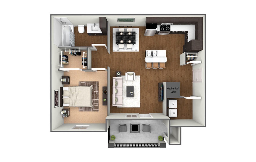 The Dogwood - 1 bedroom floorplan layout with 1 bath and 763 square feet. (3D)
