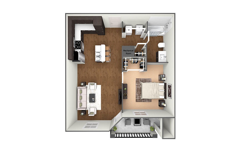 The Maple - 1 bedroom floorplan layout with 1 bath and 764 square feet. (3D)
