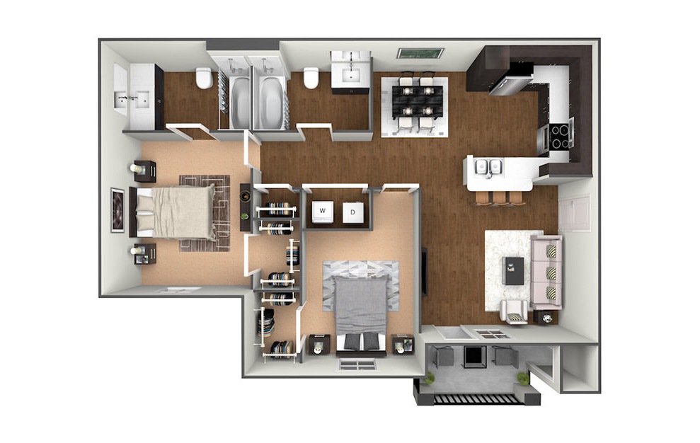 The Magnolia - 2 bedroom floorplan layout with 2 baths and 920 square feet. (3D)
