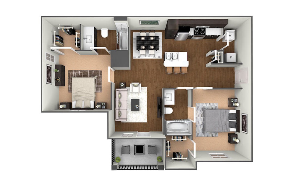 The Cypress - 2 bedroom floorplan layout with 2 baths and 1090 square feet. (3D)