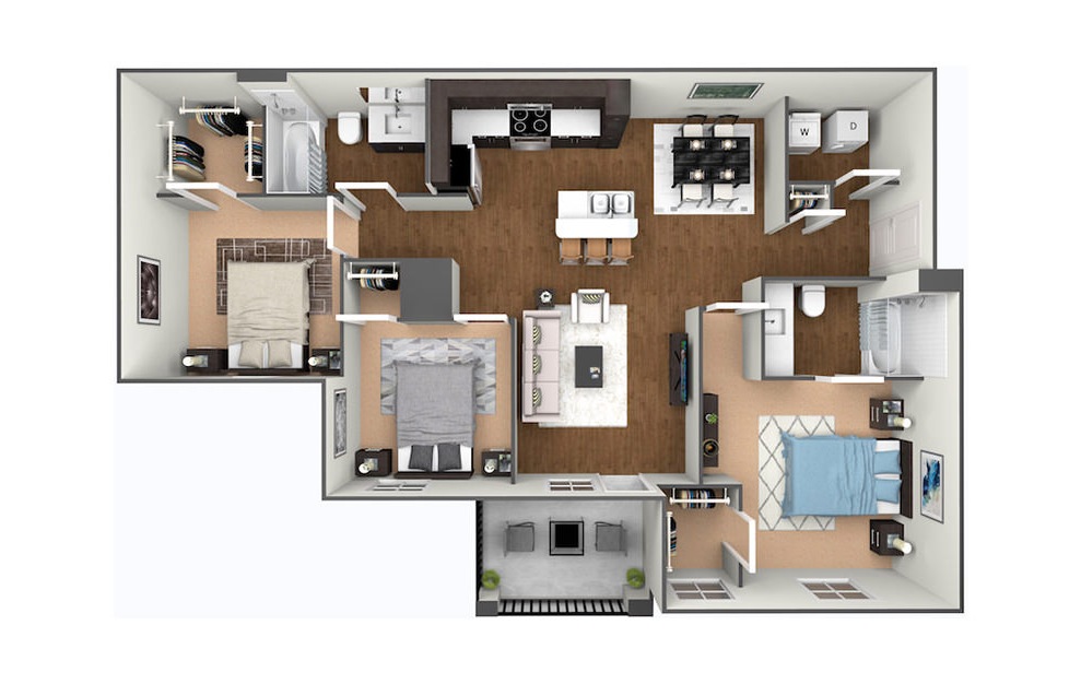 The Oak - 3 bedroom floorplan layout with 2 baths and 1235 square feet. (3D)
