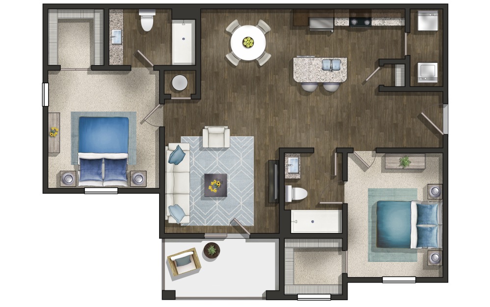 The Cypress - 2 bedroom floorplan layout with 2 bathrooms and 1090 square feet (3D)