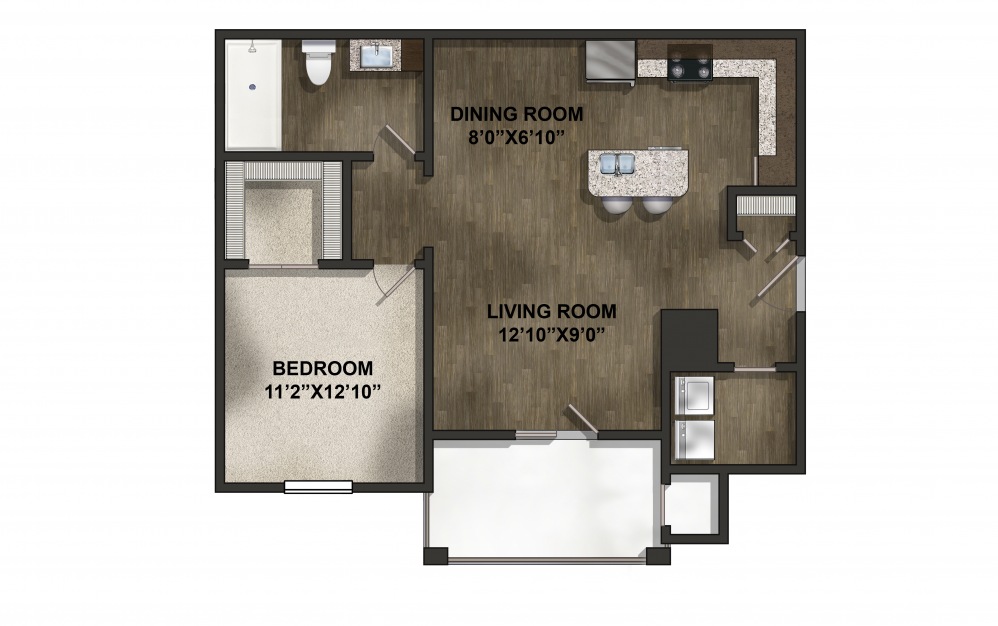 The Dogwood - 1 bedroom floorplan layout with 1 bath and 763 square feet. (2D)