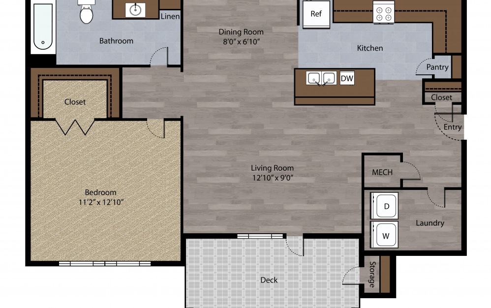 The Dogwood - 1 bedroom floorplan layout with 1 bath and 764 square feet. (2D)