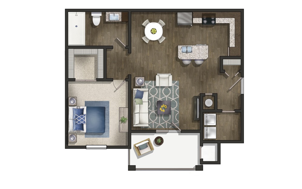 The Dogwood - 1 bedroom floorplan layout with 1 bathroom and 763 square feet (3D)