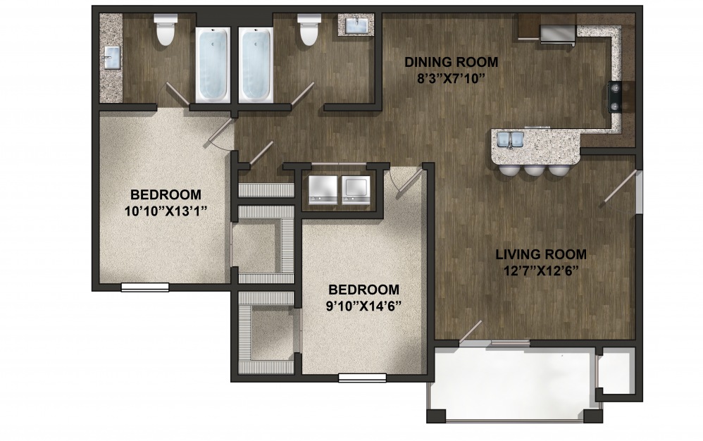 The Magnolia - 2 bedroom floorplan layout with 2 baths and 920 square feet. (2D)