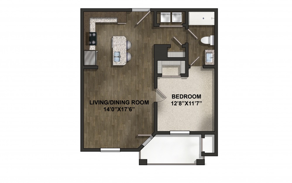The Maple - 1 bedroom floorplan layout with 1 bath and 764 square feet. (2D)
