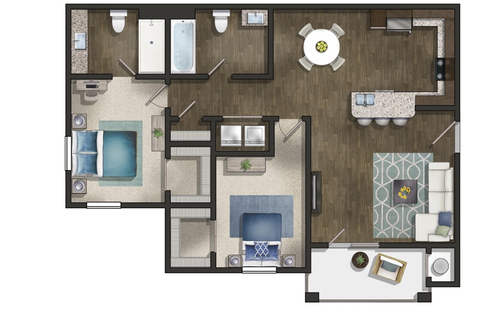 The Magnolia - 2 bedroom floorplan layout with 2 bathrooms and 920 square feet (3D)