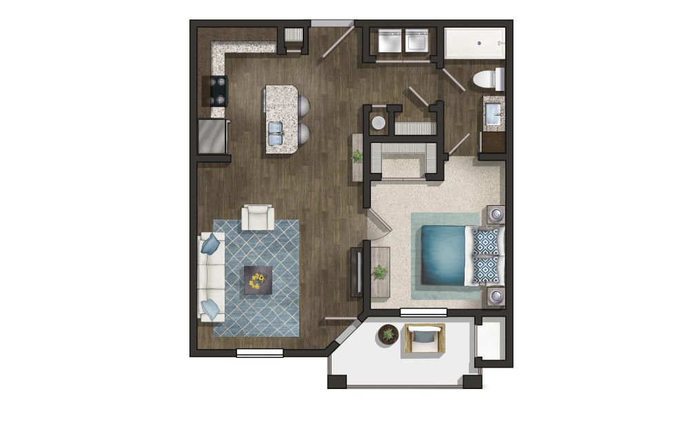 The Maple - 1 bedroom floorplan layout with 1 bathroom and 764 square feet (3D)