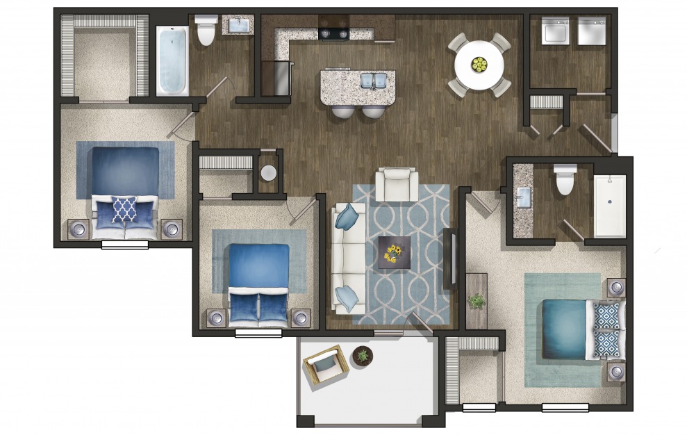 The Oak - 3 bedroom floorplan layout with 2 baths and 1235 square feet. (3D)