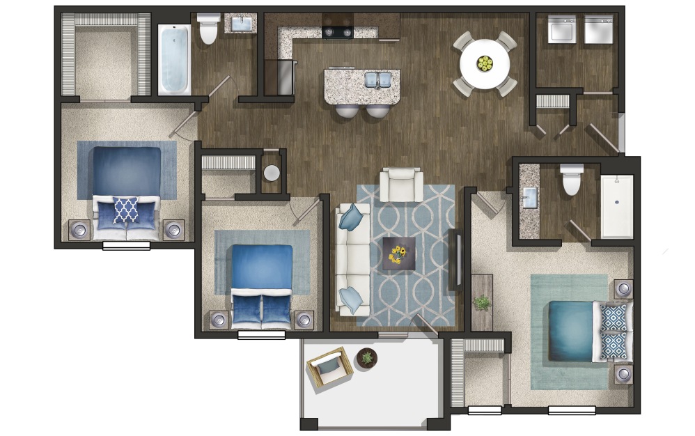 The Oak - 3 bedroom floorplan layout with 2 bathrooms and 1235 square feet (3D)