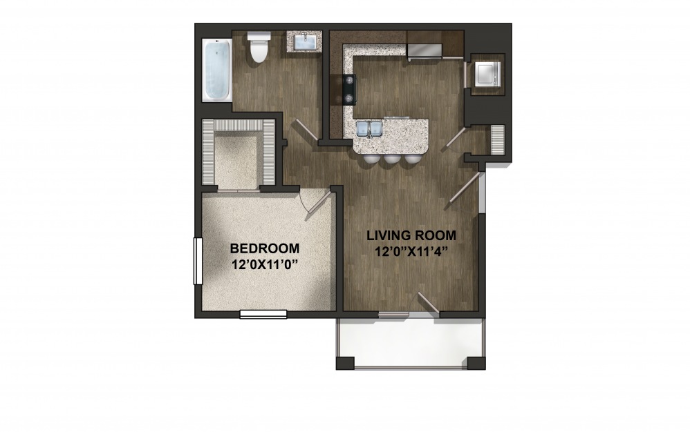 The Sycamore - 1 bedroom floorplan layout with 1 bath and 672 square feet. (2D)