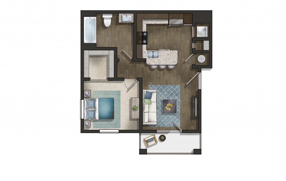 The Sycamore - 1 bedroom floorplan layout with 1 bath and 672 square feet. (3D)