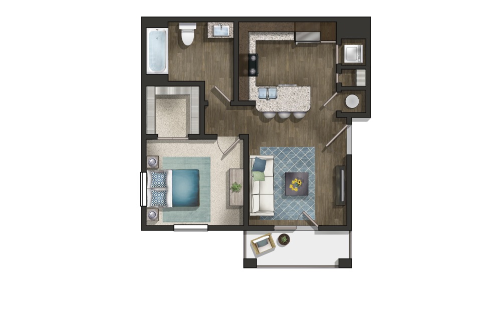 The Sycamore - 1 bedroom floorplan layout with 1 bathroom and 672 square feet (3D)