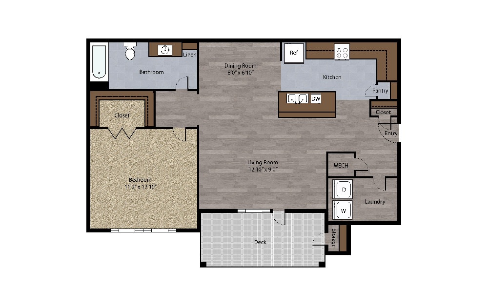 The Dogwood - 1 bedroom floorplan layout with 1 bath and 763 square feet. (2D)