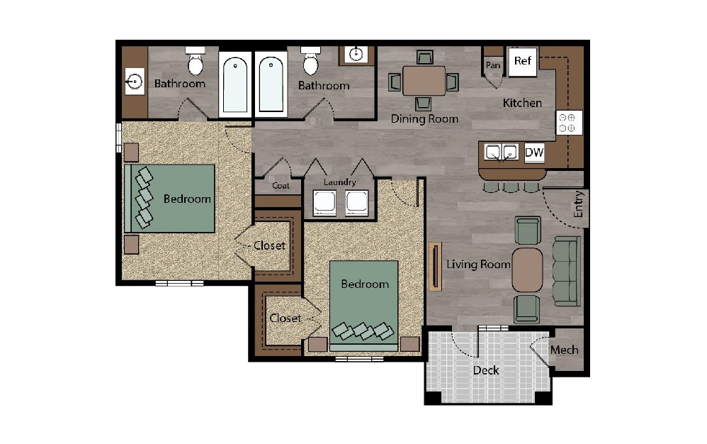 The Magnolia - 2 bedroom floorplan layout with 2 baths and 920 square feet. (2D)