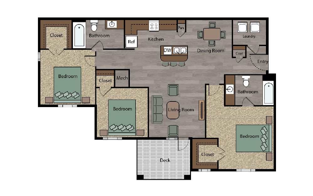 The Oak - 3 bedroom floorplan layout with 2 baths and 1235 square feet. (2D)