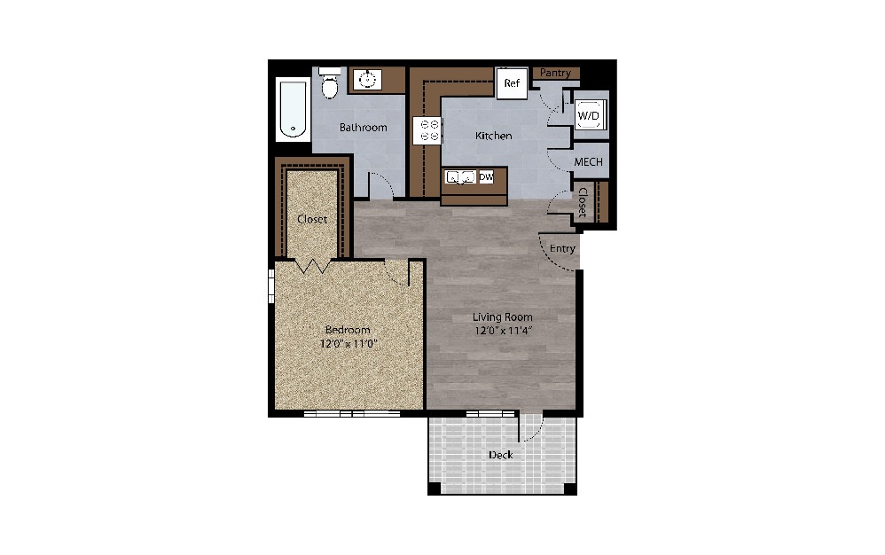 The Sycamore - 1 bedroom floorplan layout with 1 bath and 672 square feet. (2D)